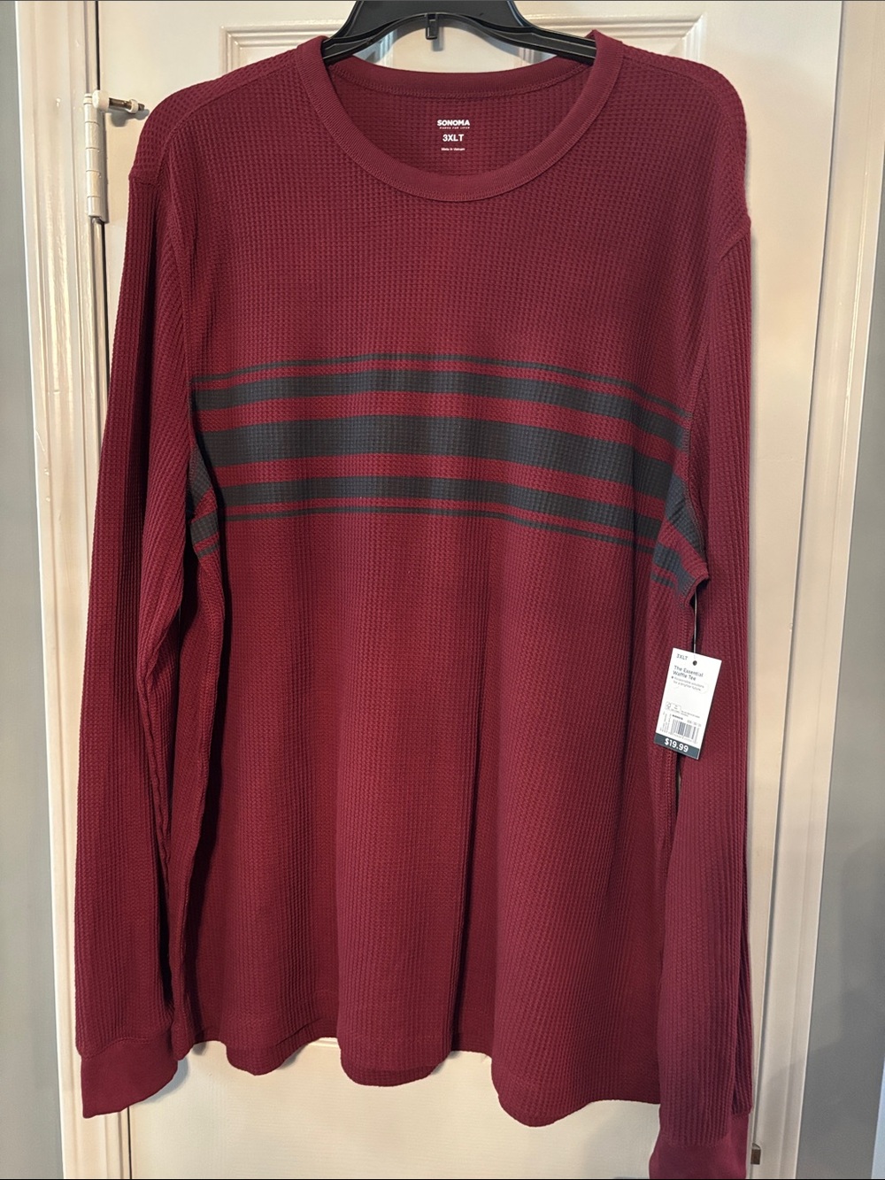 Sonoma Maroon Waffle-Knit Long Sleeve Tee with Blue Stripes NWT